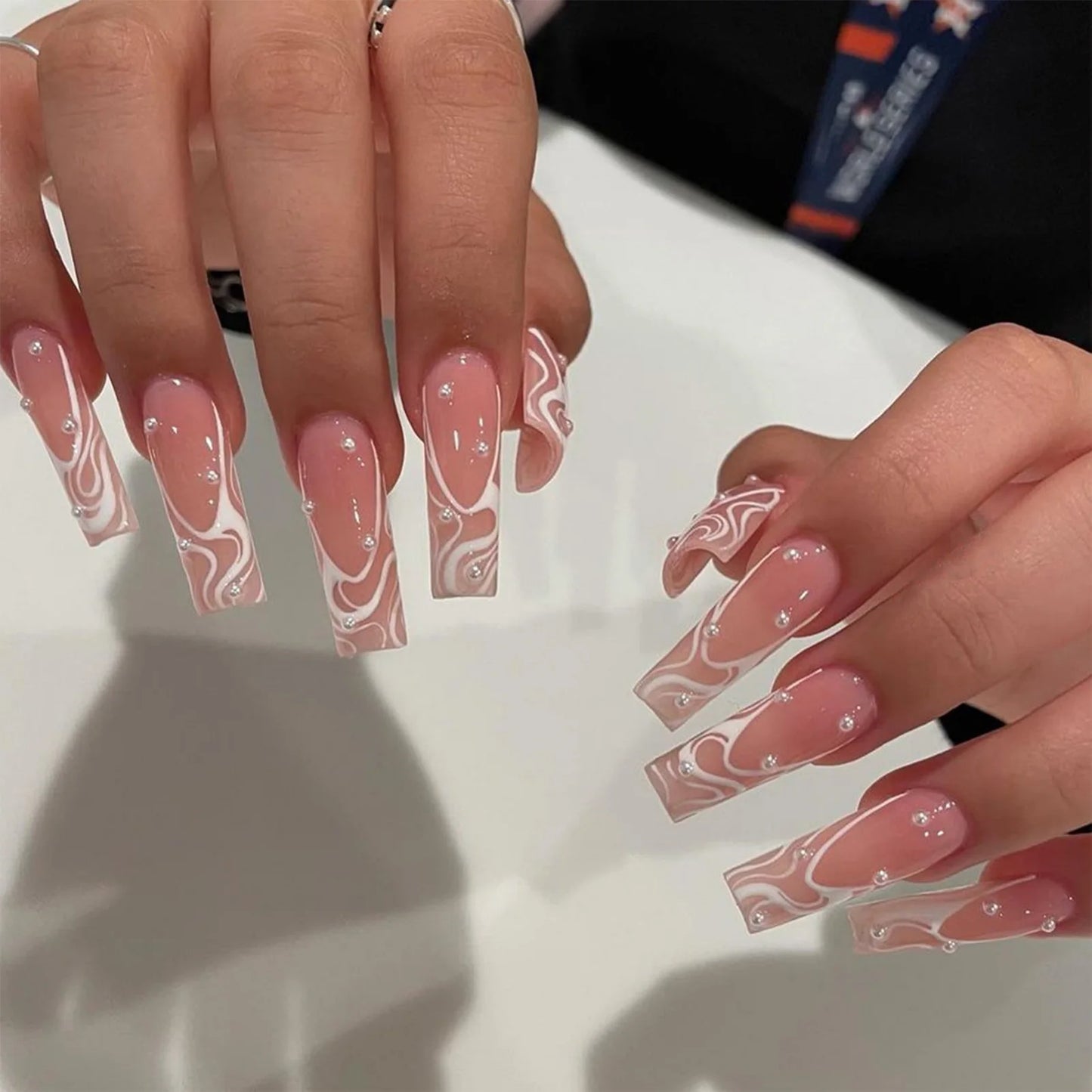 24pcs Long Ballet French Press on Nails with Cute Pink Bow Shiny Diamond Decor False Nail Tips Wearable Sweet Korean Fake Nails