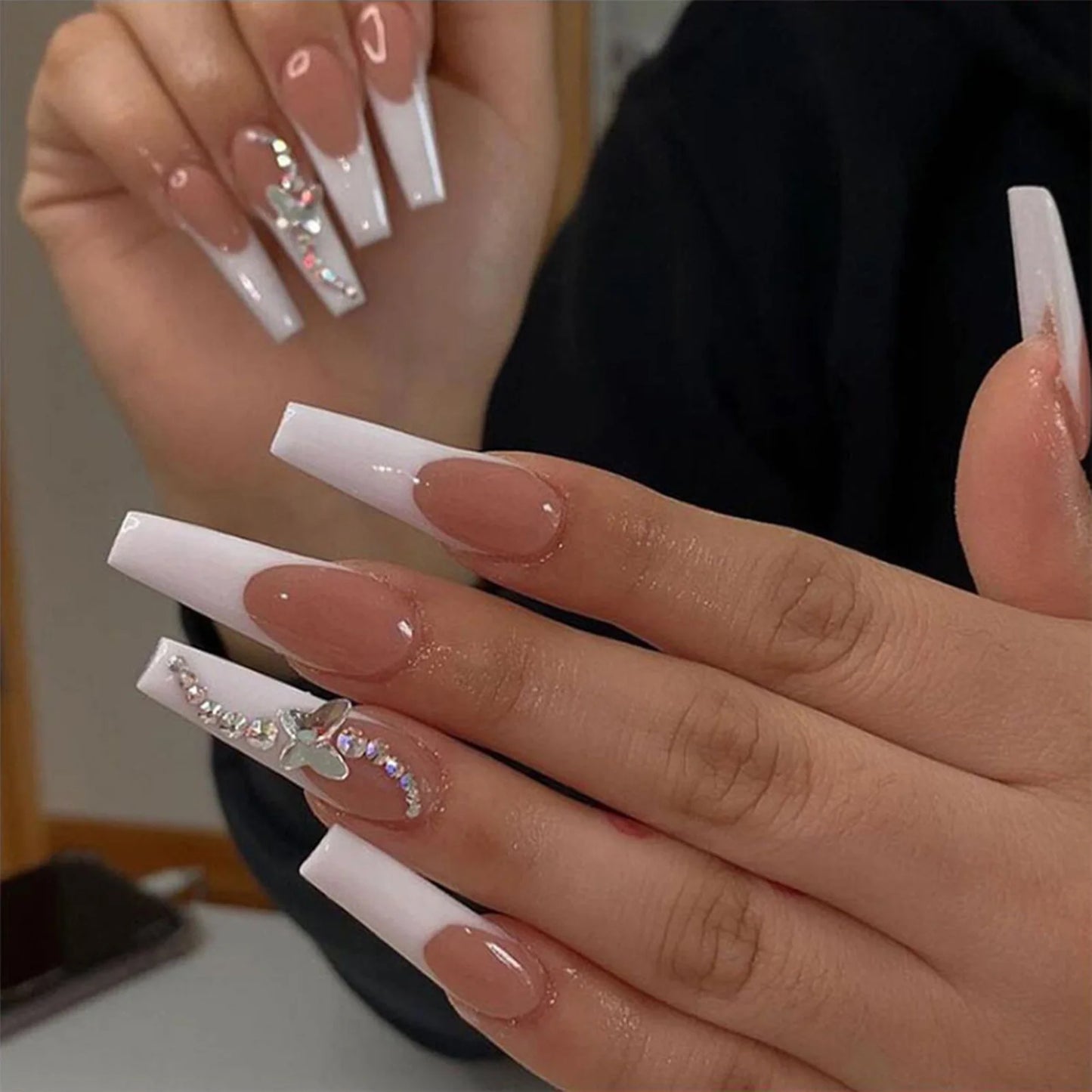24pcs Long Ballet French Press on Nails with Cute Pink Bow Shiny Diamond Decor False Nail Tips Wearable Sweet Korean Fake Nails