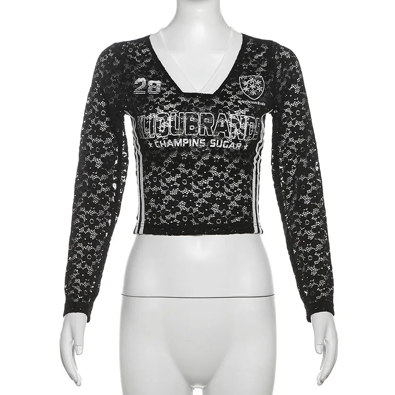 HLJ&GG Summer New Lace Letter Print Two Piece Sets Women V Neck Long Sleeve Top And Mini Skirts Outfits Fashion Streetwear 2025