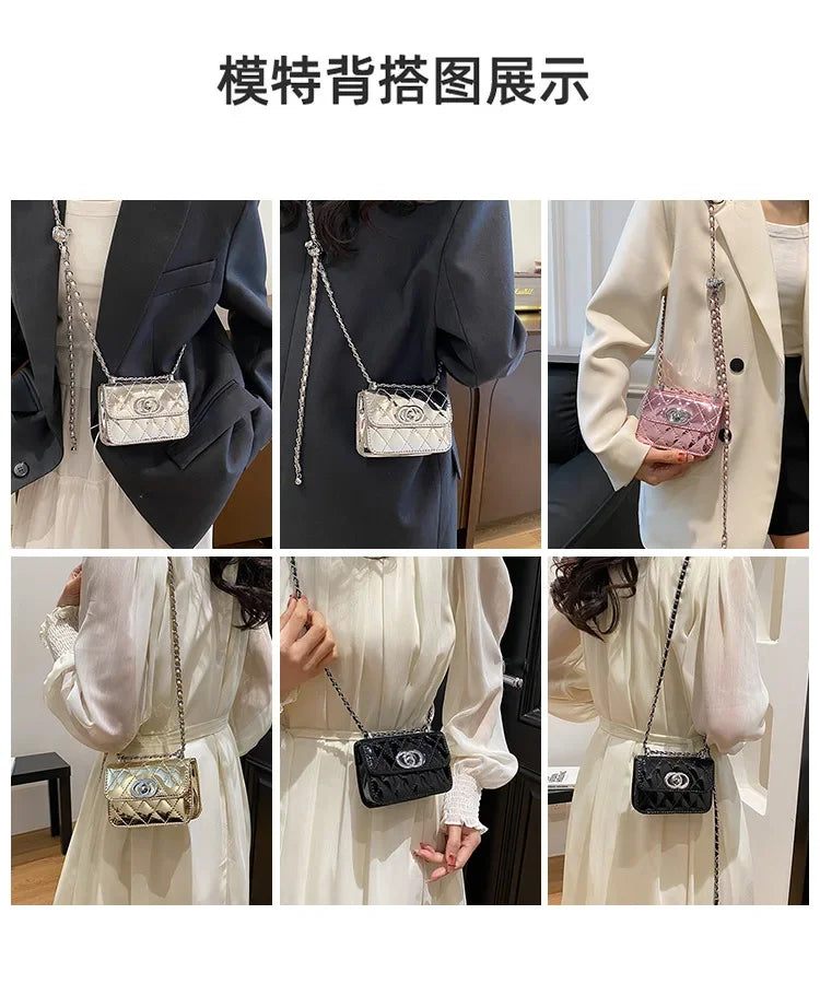 2025 New Arrival Eye - Catching Laser - Patent Mini Crossbody with Gleaming Glossy Chain Strap, Convenient Lipstick Holder