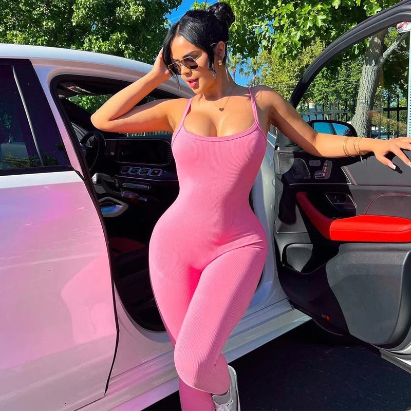 Hugcitar 2024 Fashion Ribbed Solid Slips Backless Sexy Skinny One Piece Jumpsuit Women Y2K Romper Vacation Sport Overalls