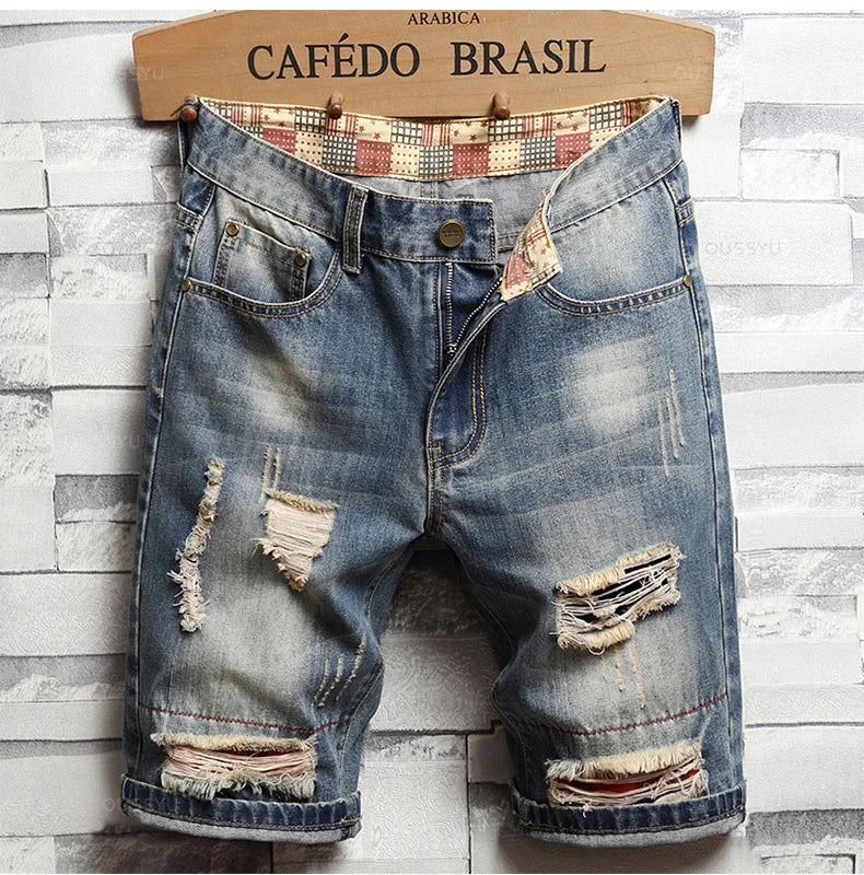 Brand Clothing New Summer Ripped Hole Denim Shorts Men Cotton Thin Straight Retro Biker Knee Length Short, Male Streetwear