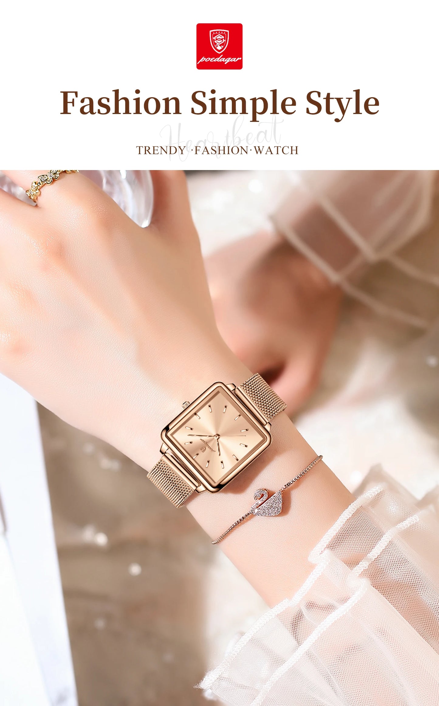 POEDAGAR Fashion Ladies Watch Waterproof Square Elegant Watch, Mesh Stainless Steel Quartz, lady's Watches, Reloj