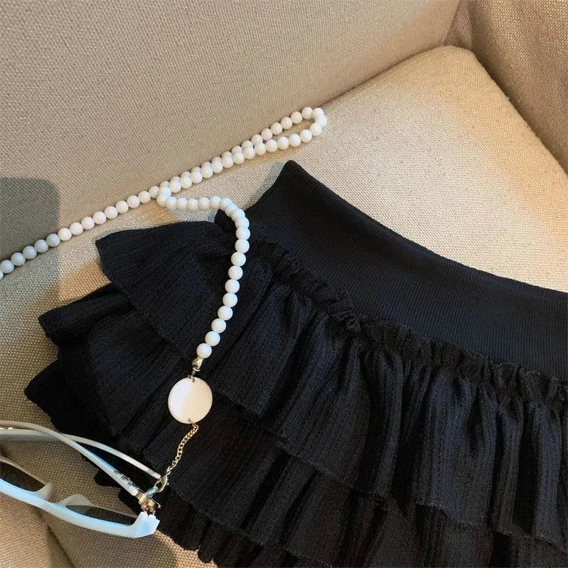 Sweet Puffy Cake Women Skirts Korean Fashion Ruched Ruffle Mini Skirt Campus Harajuku Casual Versatile Elastic Waist Solid Skirt