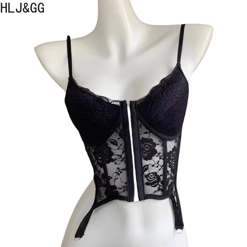 HLJ&GG Sexy Lace See Though Bandage Skinny Shorts Two Piece Sets Women V Neck Spaghetti Strap Slim Crop Top And Shorts Outfits