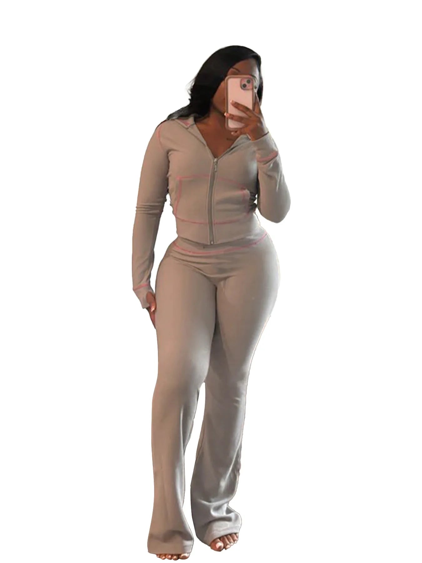 HLJ&GG Spring New Waffle Flare Pants Two Piece Sets Women Zip Hooded Long Sleeve Top + Pants Outfits Casual Sporty 2pcs Clothing