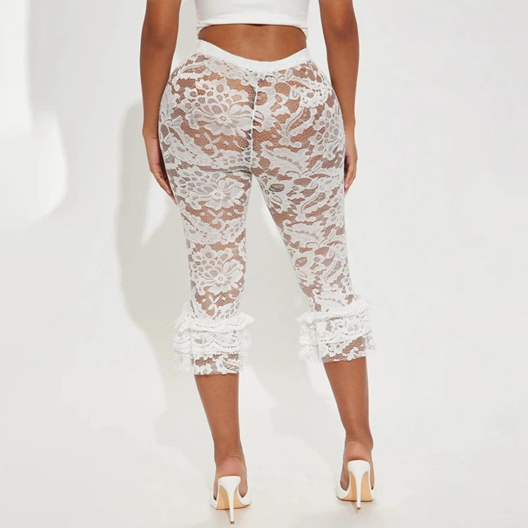 STYLISH LADY Lace Knee Length Pants 2025 Summer Women Midi Waist Hollow Out Sexy Club Party Street See Through Leggings Pants