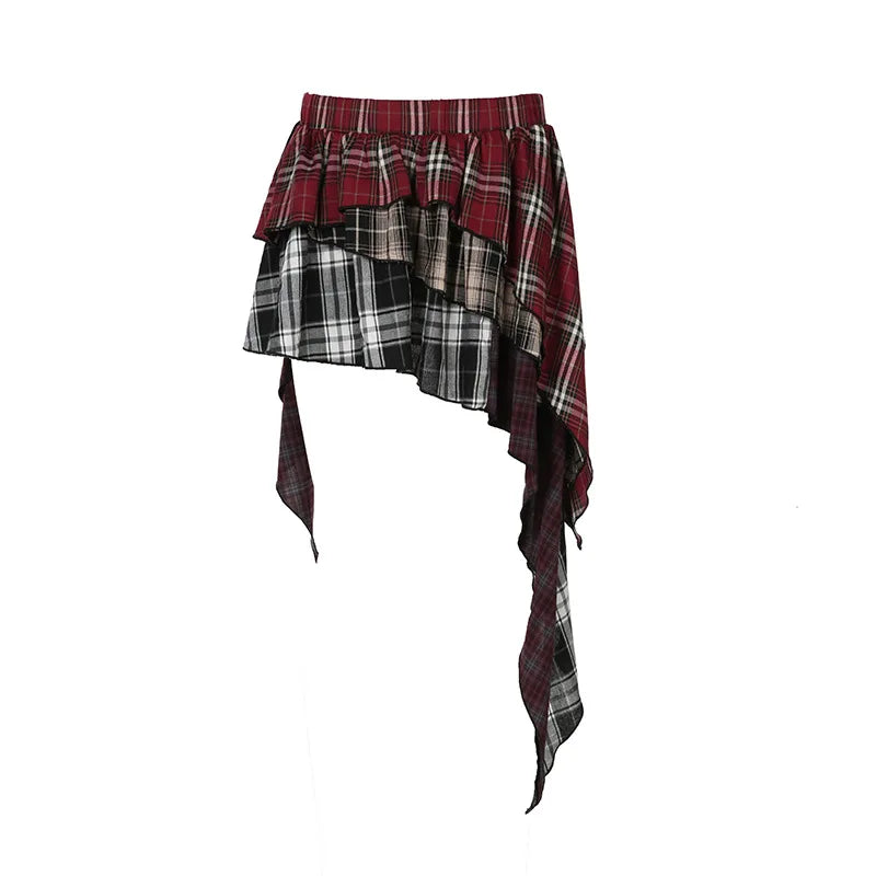 HLJ&GG Fashion Plaid Printing Irregular Mini Skirts Two Piece Sets Women O Neck Short Sleeve Top And Skirts Outfits Streetwear