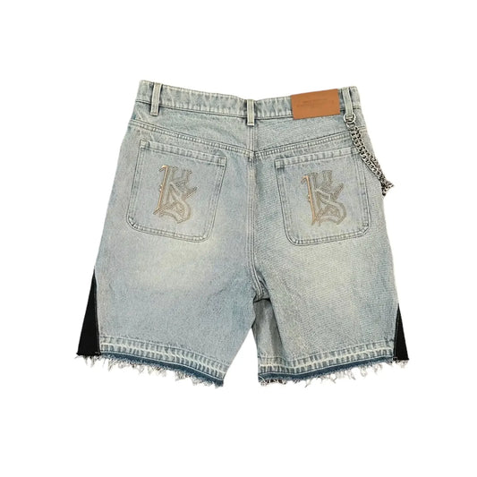 Streetwear Retro Patchwork Denim Shorts Y2K Jeans Cartoon Embroidery Baggy Shorts Low Waist Over The Knee Pants Casual Shorts