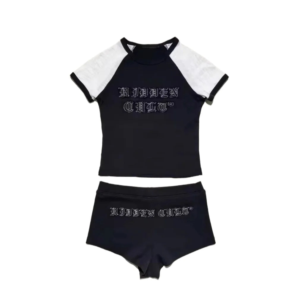 HLJ&GG Fashion Letter Y2K Shorts Two Piece Sets Women Round Neck Slim Crop Top And Shorts Outfits Summer New Hot Girl Streetwear