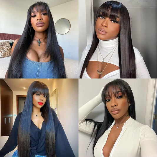 Straight Human Hair Wig With Bangs Fringe 3x1 HD Lace Frontal Wigs Bone Straight Glueless Front Wigs Human Hair Ready To Wear