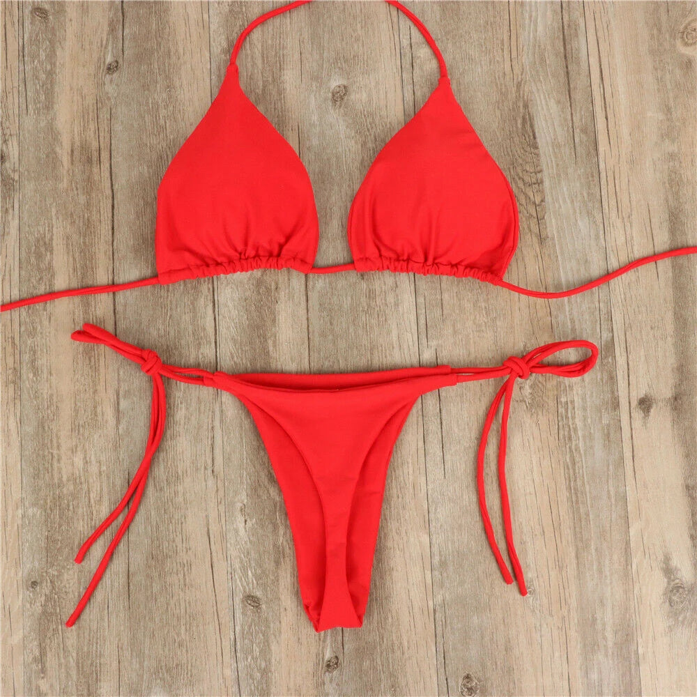 Sexy Women's Side Halter Tie Swimsuit Thong Bikini Set Ladies Split Strap Adjustable Bandage Style Brazilian Swimwear Beachwear