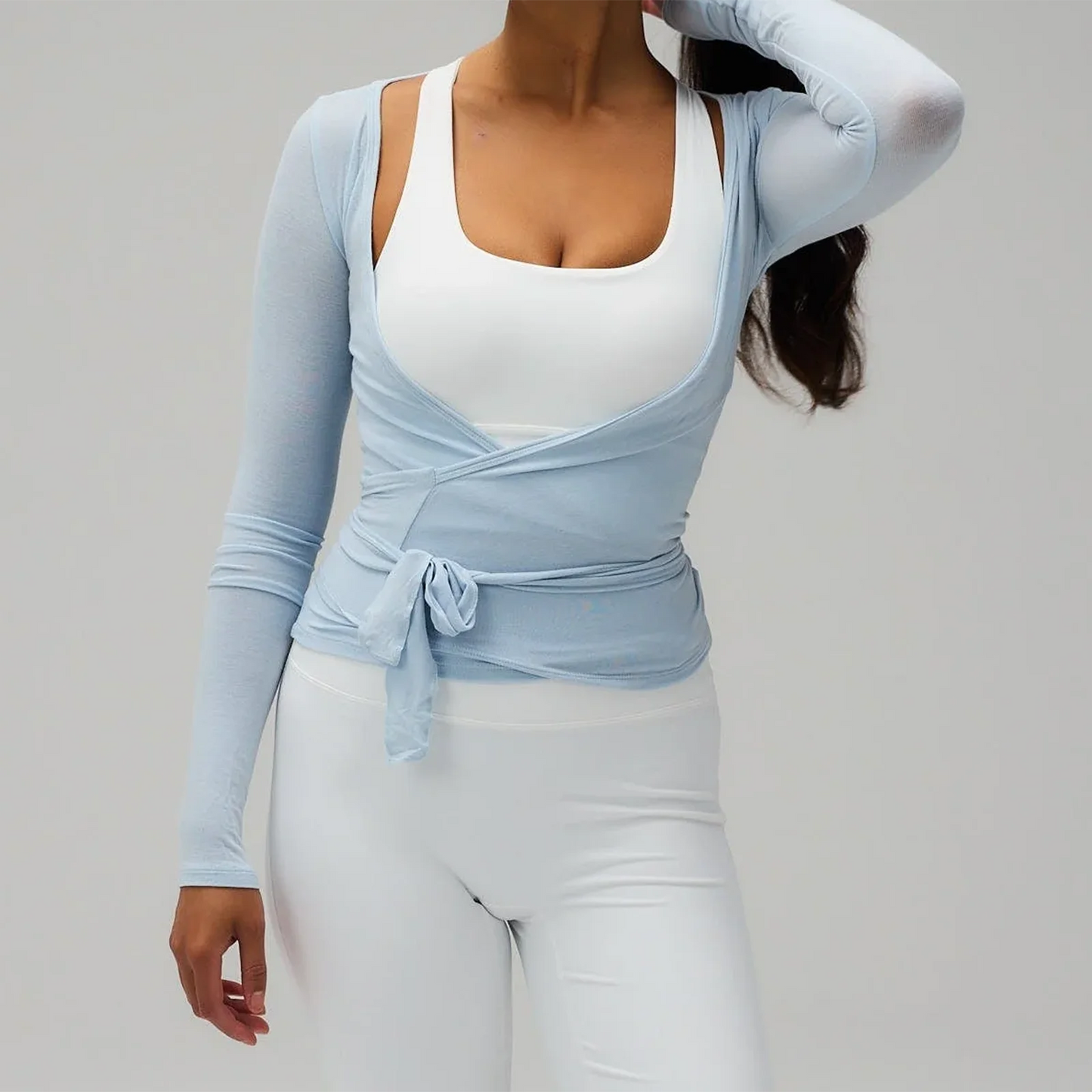 Women Yoga Wrap Tie Tops Y2k Solid Long Sleeve Slim Fit Crop Tops Ballet Workout Yoga T-Shirts Tees Coquette Sweet Chic Tops