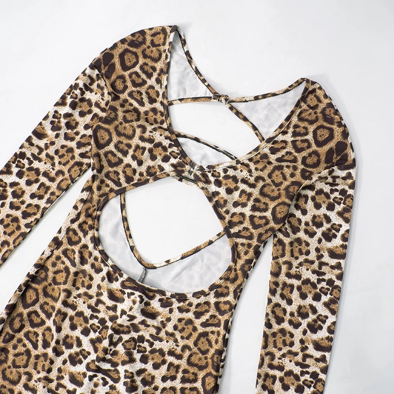 Weird Puss Leopard Print Jumpsuit Women Wild Hollow Low-Neck Sexy Skinny Full Sleeve Peach Hip Midnight Party Overalls Clubwear