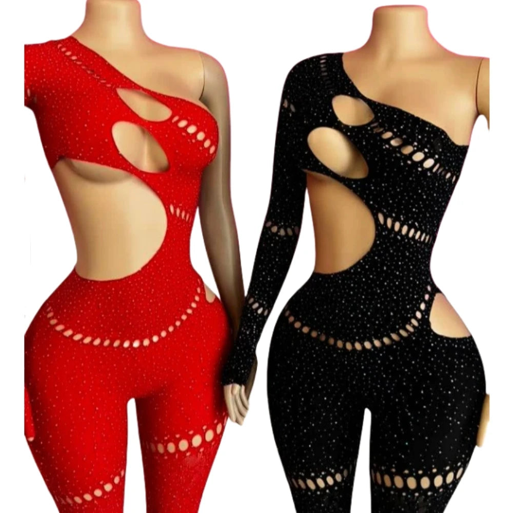 HLJ&GG Sexy Rhinestone Hollow Bodycon One Piece Jumpsuits Women One Shoulder Long Sleeve Slim Playsuit Fashion Clubwear Overalls