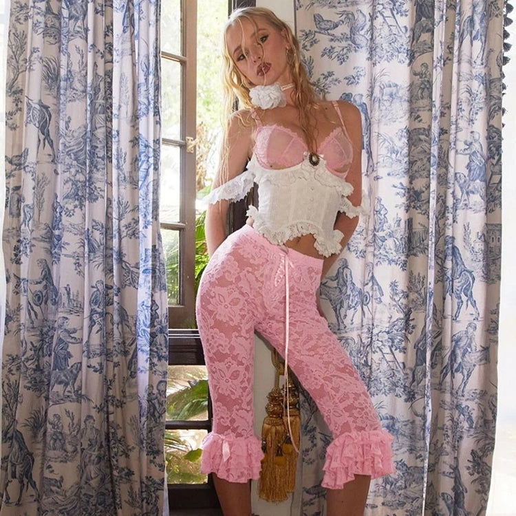 STYLISH LADY Lace Knee Length Pants 2025 Summer Women Midi Waist Hollow Out Sexy Club Party Street See Through Leggings Pants