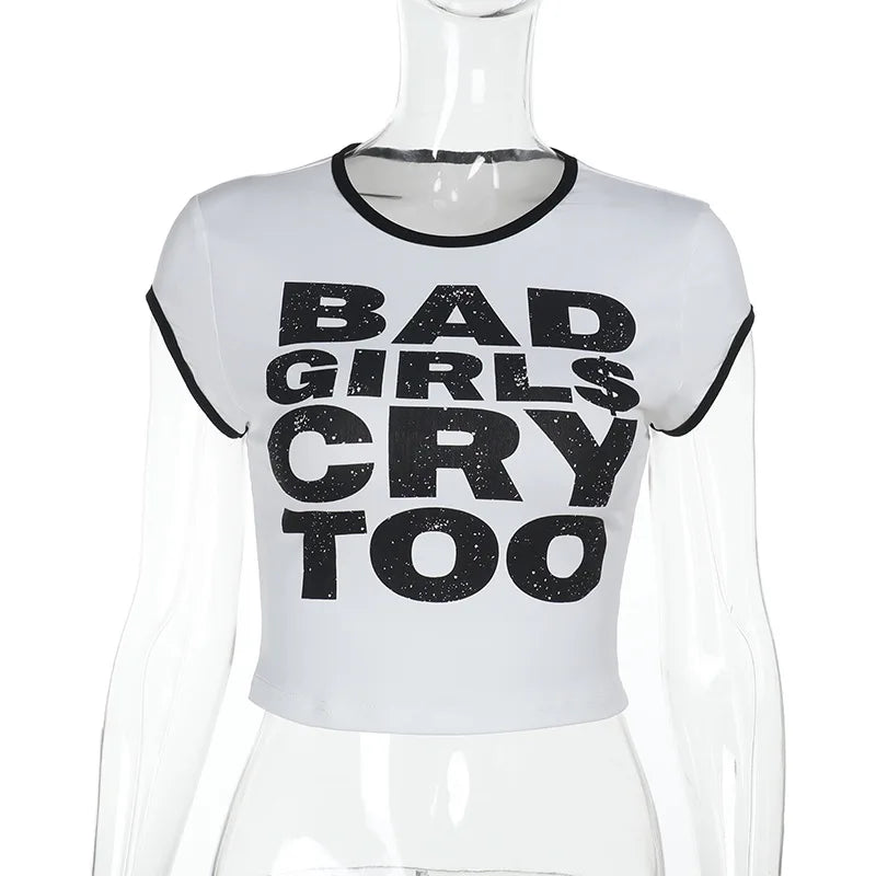 HLJ&GG Summer New Letter Print Tshirts Two Piece Sets Women O Neck Short Sleeve Crop Top And jeans Mini Skirts Outfit Streetwear