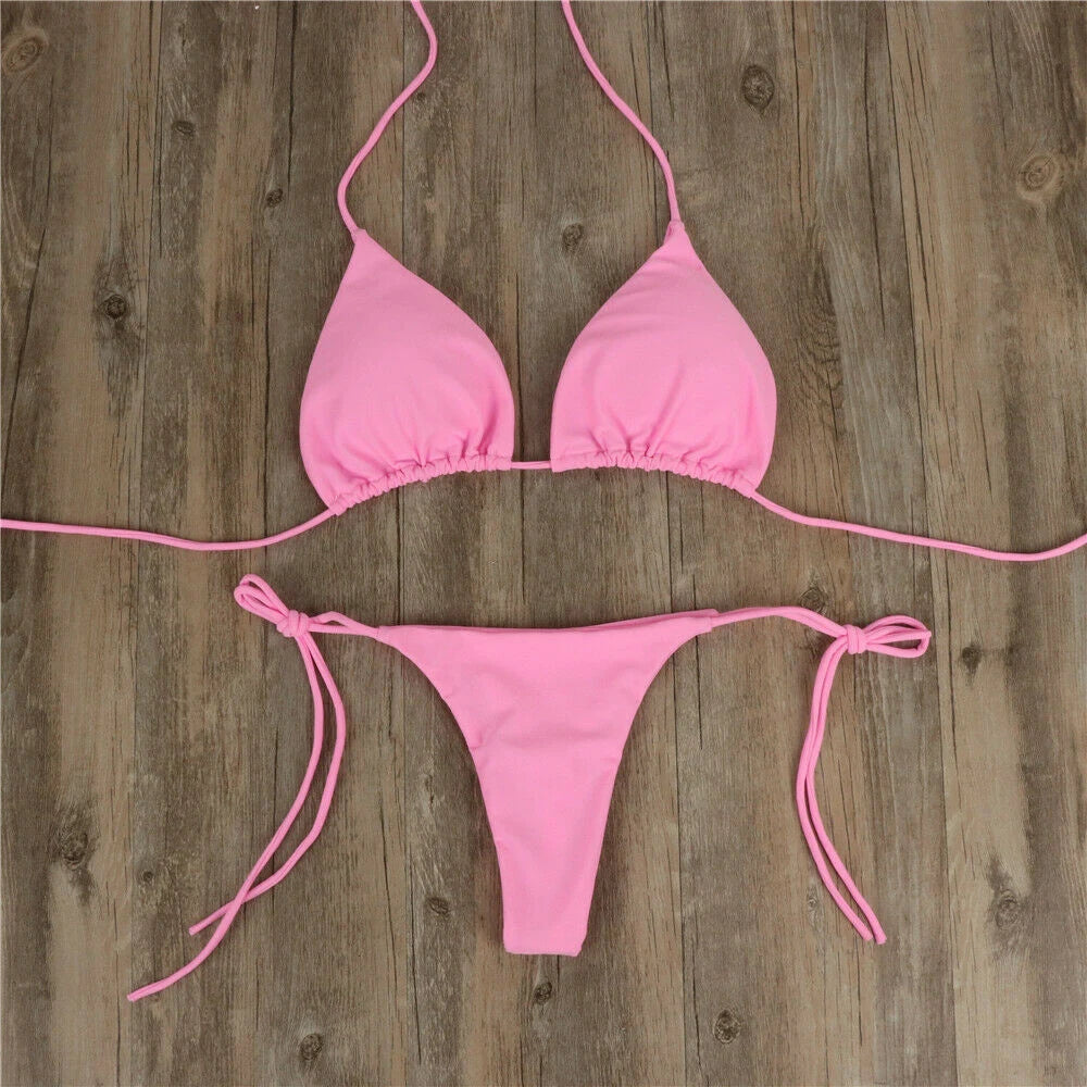 Sexy Women's Side Halter Tie Swimsuit Thong Bikini Set Ladies Split Strap Adjustable Bandage Style Brazilian Swimwear Beachwear