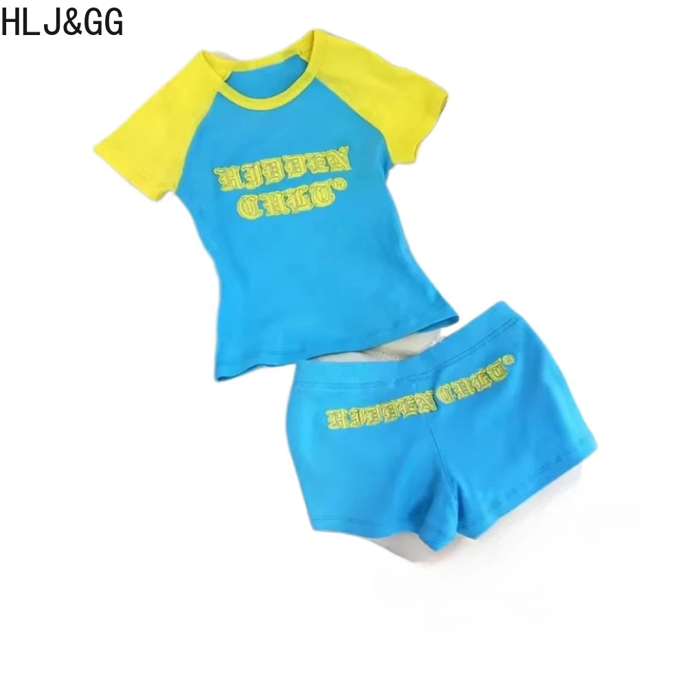 HLJ&GG Fashion Letter Y2K Shorts Two Piece Sets Women Round Neck Slim Crop Top And Shorts Outfits Summer New Hot Girl Streetwear