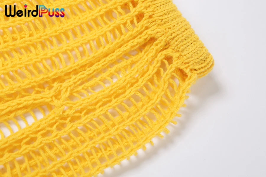 Weird Puss Summer Knit Sexy Long Skirt Women Crochet Elastic See-Through Hollow Out Grid Party Wild Streetwear Solid Bottoms
