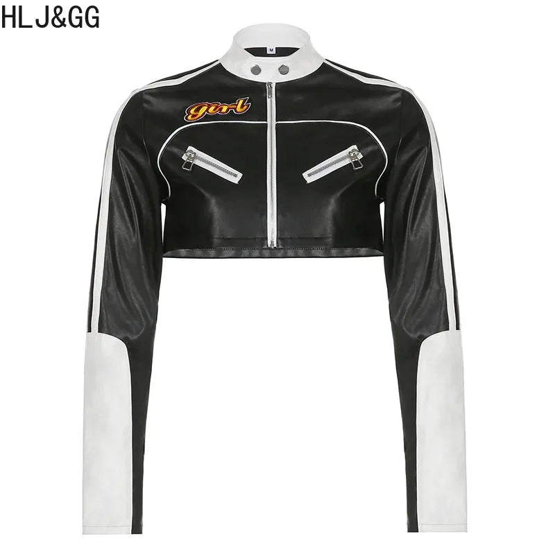 HLJ&GG Black Leather Jacket Fashion Streetwear Women Zip Long Sleeve Crop Top+Tshirts+Sequin Shorts 3 Piece Sets Female Clothing
