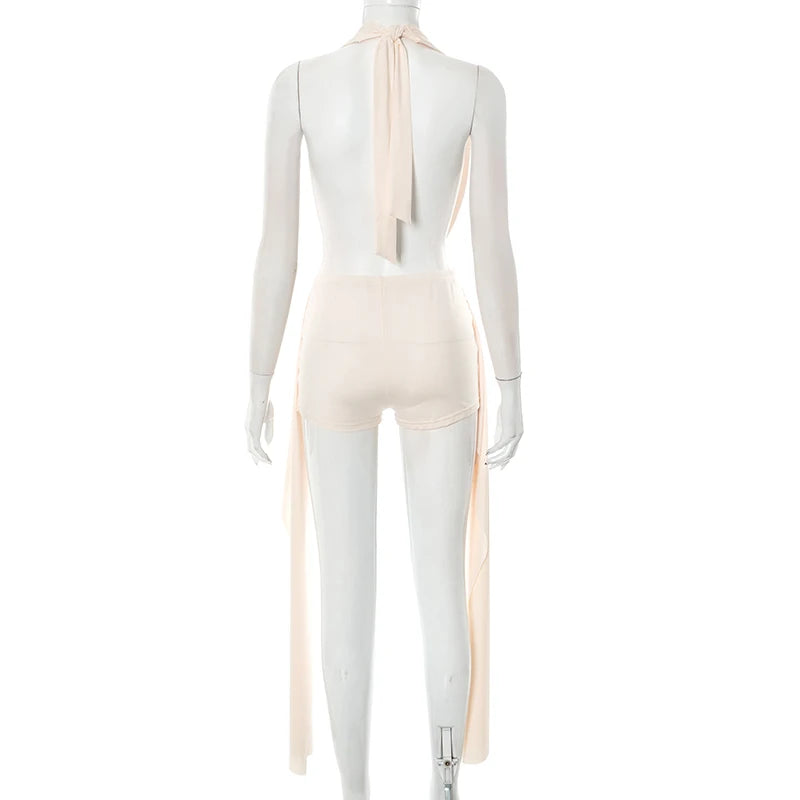 Weird Puss Elegant Women 2 Piece Set Halter Swing Collar Backless Sexy Tank Tops+Side Tassel Shorts Matching Clubwear Outfits