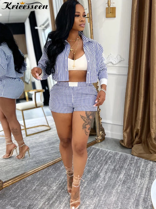 Kricesseen Chic Women's Pajama Set 2 Piece Outfits Night Out Wear Fashion Striped Tracksuits Set Club Overalls Work Wear Outfits