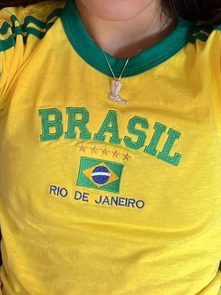 Aesthetic BRASIL Letter Print T-Shirt and Shorts Suit, Vintage Grunge Short Sleeve Baby Tees, Summer Crop Top Y2k Clothe