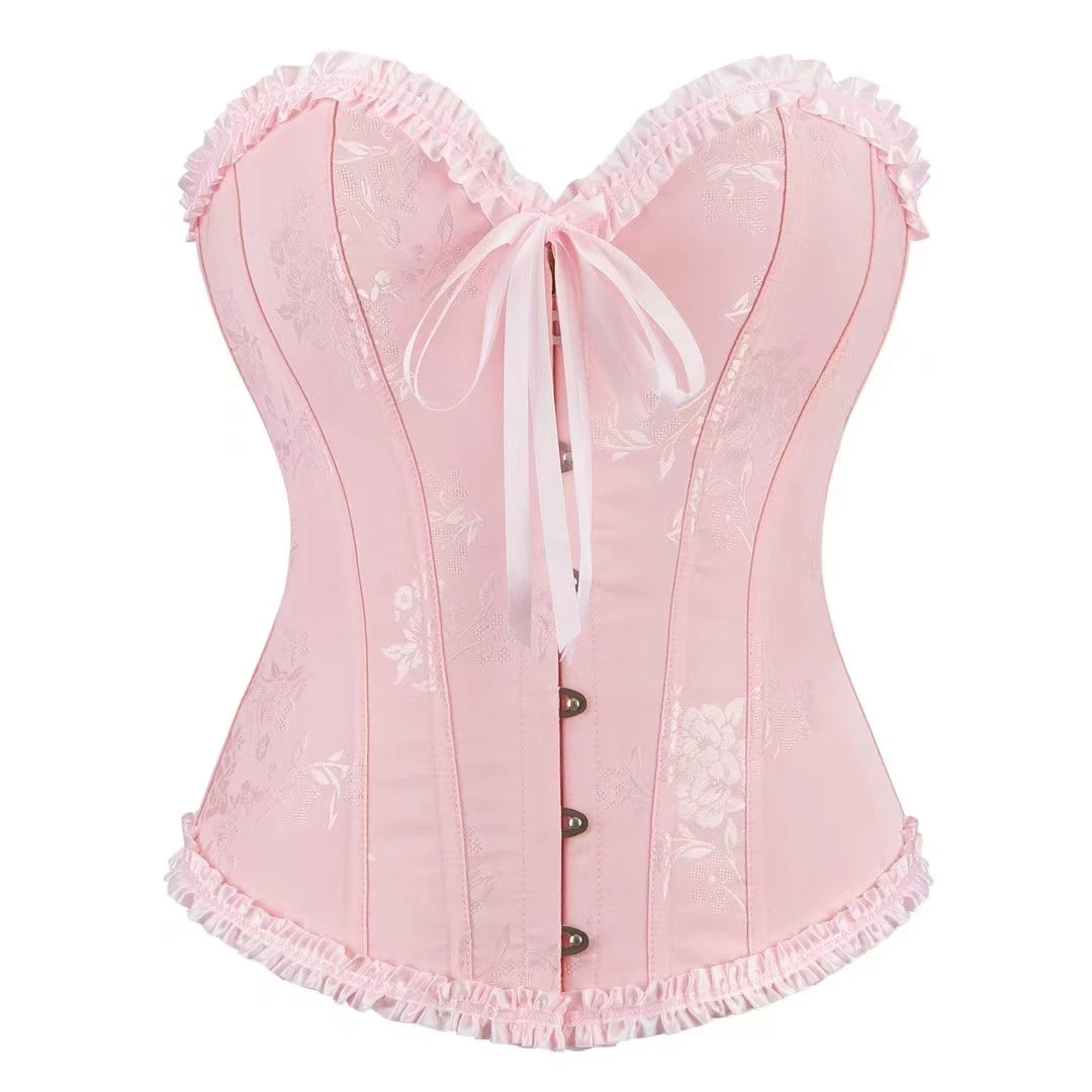 Women Floral Overbust Corset Waist Bustier Top Black White Red Blue Korset Shaper