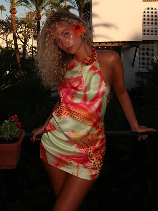 Backless Satin Short Dress Women Sexy 3D Flower Print Lace Up Sleeveless Halter Dresses 2025 Summer Beach Vacation Lady Vestisos