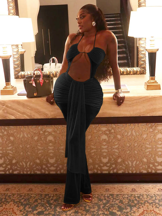 Weird Puss Backless Ruched Jumpsuit Women See Through Sexy Halter Ribbon Hollow Hipster Skinny Summer Clubwear Midnight Overalls