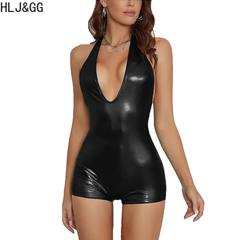 HLJ&GG Sexy Deep V Halter Glossy Bodycon One Piece Rompers Women Sleeveless Backless Lace Up Jumpsuits Fashion Clubwear Overalls