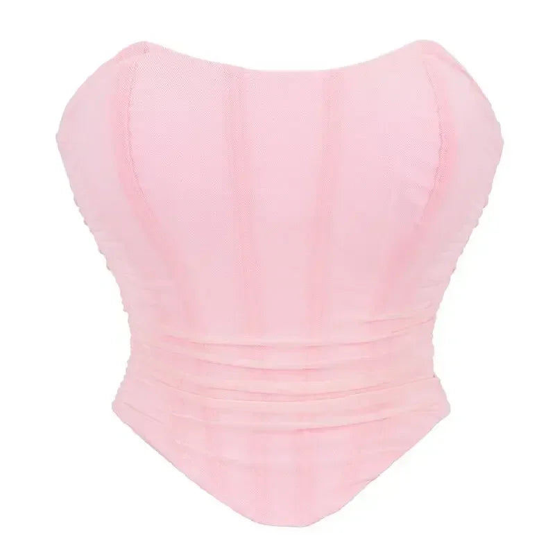 Pink Women Corset Sexy Overbust Bustier Crop Top Lace-Up Plastic Boned Corsets and Bustiers Body Shaper Short Torso Kорсет