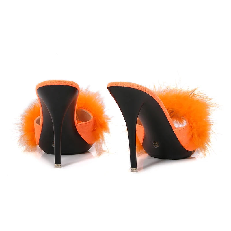 10CM Thin High Heel Designer Plus Size Summer Slippers For Ladies 2025 New Furry Slip-on Women's Shoes Pink Fur Slides Sandals