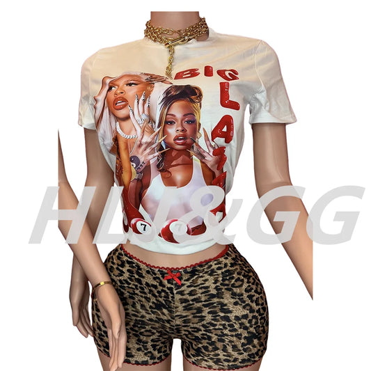 HLJ&GG Y2K Fashion Leopard Sequined Shorts Two Piece Sets Women Letter Print Round Neck Slim Crop Top And Shorts Outfits 2025