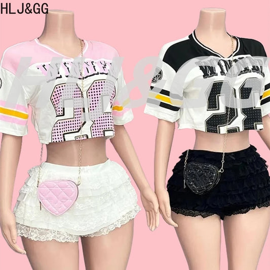 HLJ&GG Summer New Y2K Letter Print Two Piece Sets Women V Neck Short Sleeve Crop Top And Ruffle Skirts Shorts Outfits Streetwear
