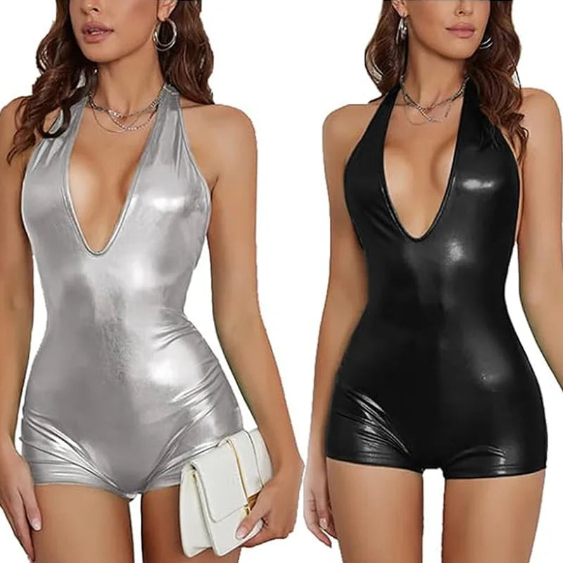 HLJ&GG Sexy Deep V Halter Glossy Bodycon One Piece Rompers Women Sleeveless Backless Lace Up Jumpsuits Fashion Clubwear Overalls