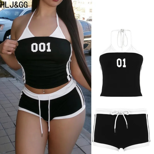 HLJ&GG Sexy Letter Printing Baddie 2 Piece Sets Outfits Spaghetti Strap Halter Backless Tank Crop Tops + Shorts Suits Streetwear
