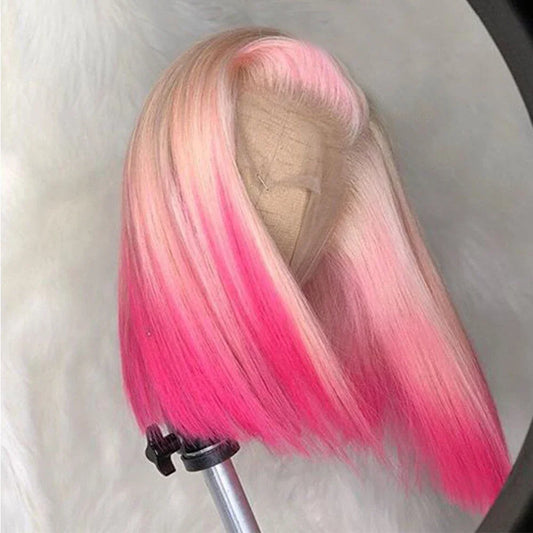 Straight Pink Ombre Short Bob Wig 13x4 Lace Front Human Hair Wigs Brazilian Remy 613 Colored Human Hair Wigs For Women 180%