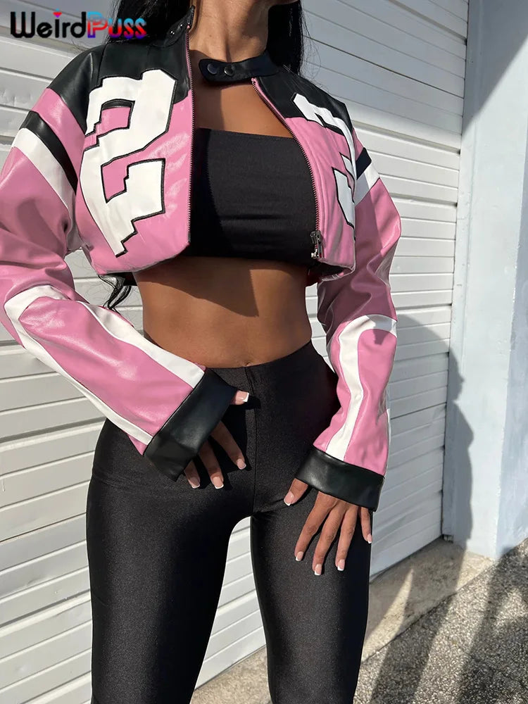Faux Leather Letter Print Varsity Crop Jacket — Women's