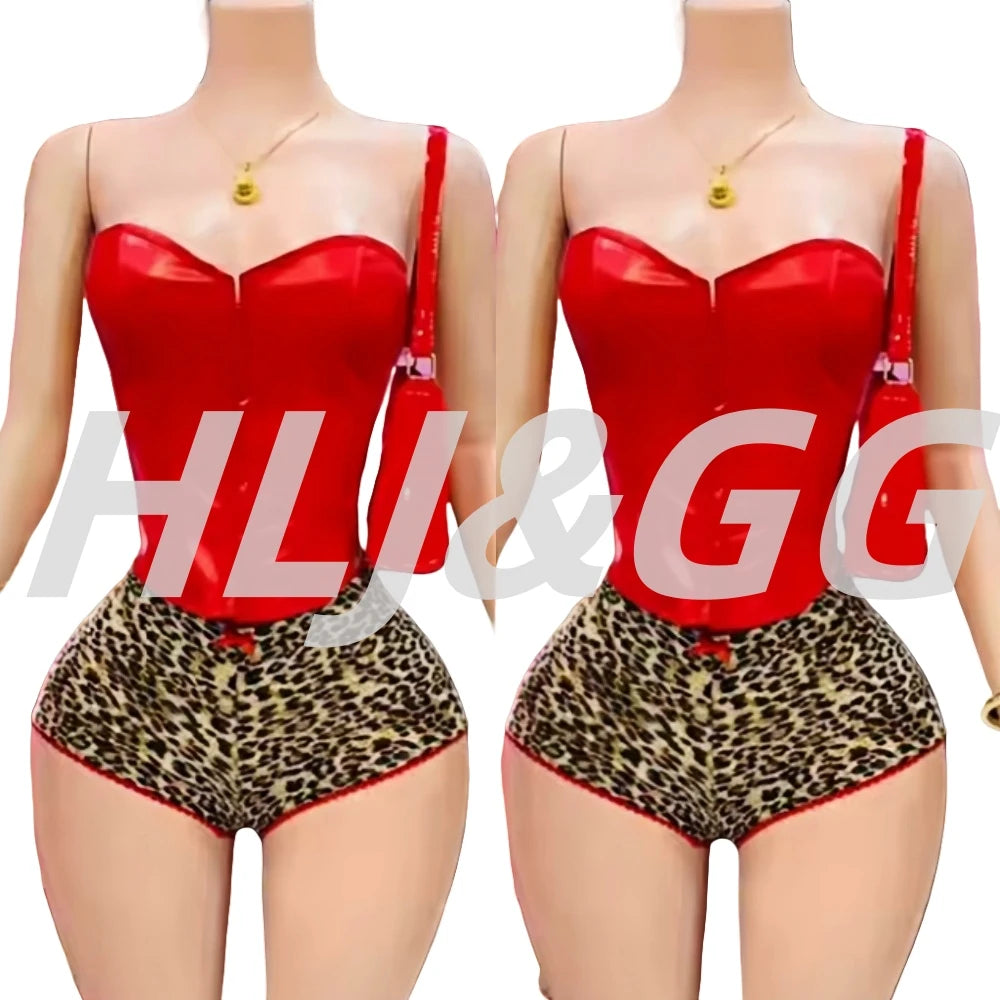 HLJ&GG Sexy Glossy Leather Corset Two Piece Sets Women Off Shoulder Slim Crop Top+Leopard Shorts Outfits Fashion Y2K Streetwear