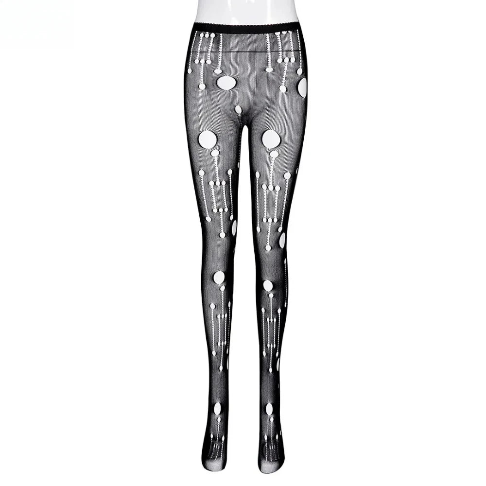 HLJ&GG Black Sexy Deep V Letter Print Bodysuits Women Zipper Long Sleeve Stretchy Bodycon Romper + Mesh Skinny Socks Outfits New