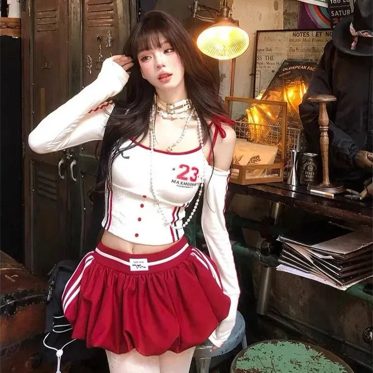 HLJ&GG Y2K Fashion American Women Two Piece Sets Women Off Shoulder Lace Patchwork Top + Bubble Mini Skirts Outfits Streetwear