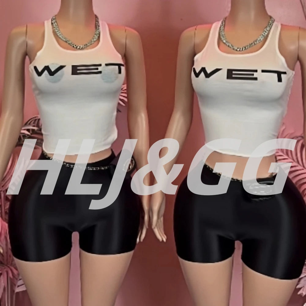 HLJ&GG Sexy Hot Girl Letter Print Bodysuits Two Piece Sets Women Round Neck Sleeveless Top And Shorts Outfits Fashion Streetwear