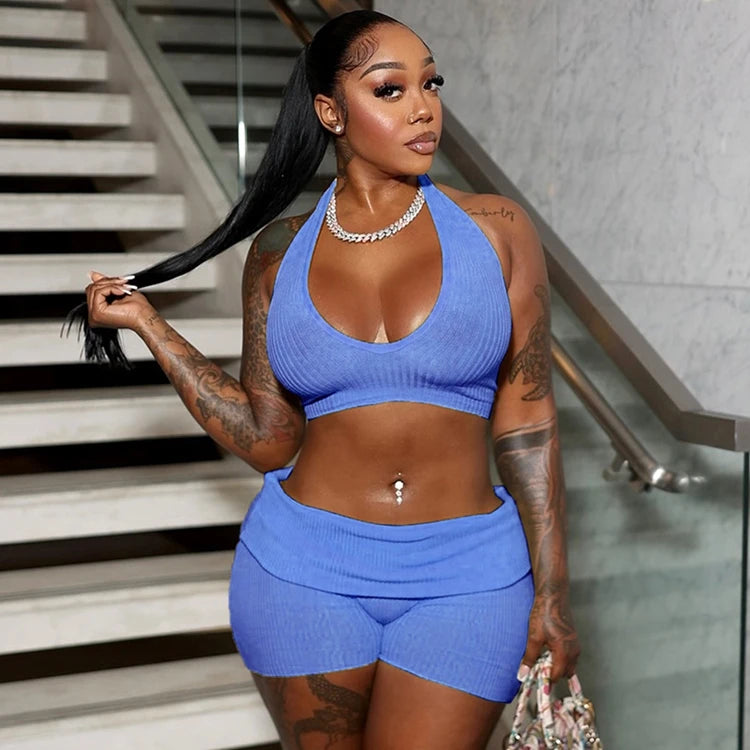 STYLISH LADY Printed Ribbed 2 Piece Set Women Halter Backless Crop Top and Shorts Suits 2025 Summer Sexy Club Party Outfits