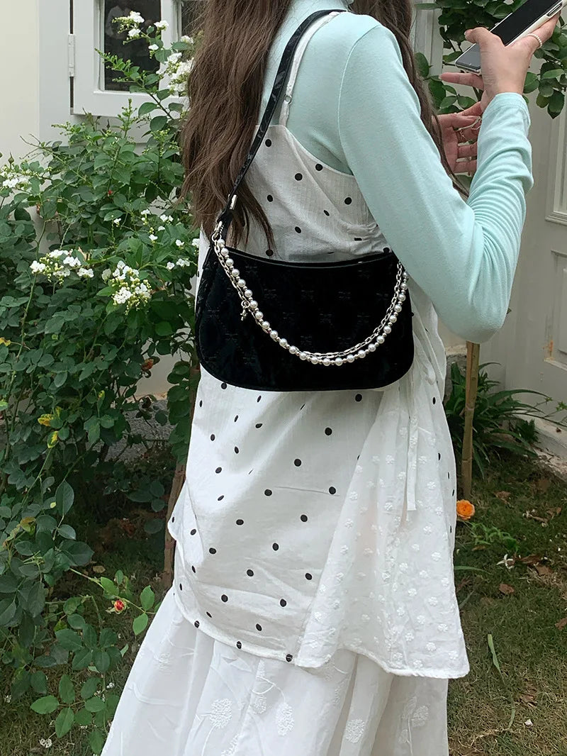 Pink Shoulder Bag Elegant Cute Bow Pearl Chains Bow Embroidery Handbag Casual Leather Korean Fashion Female Handbag