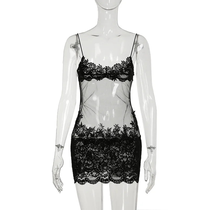 Weird Puss Y2K Party Lace Patchwork Dress Women Sexy 2025 Summer Trend Sleeveless Low-Neck Stretch Midnight Clubwear Bodycon