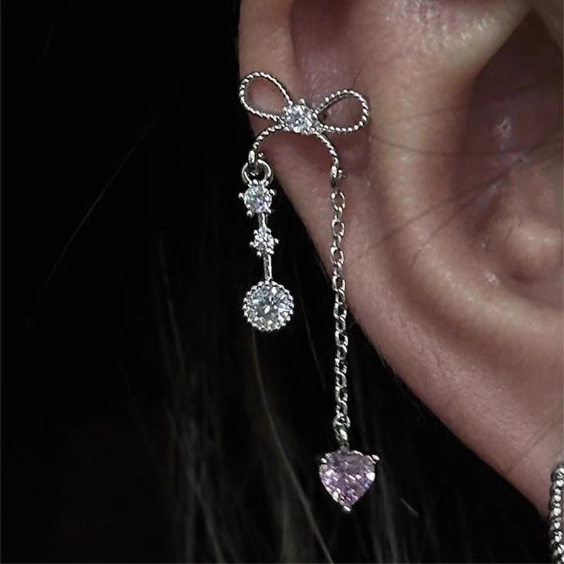 1PCS Pink Love Heart Chain Double Ear Hole 316L Stainless Steel Ear Bone Nail Y2K Fashion Hottie Earrings for Women Jewelry