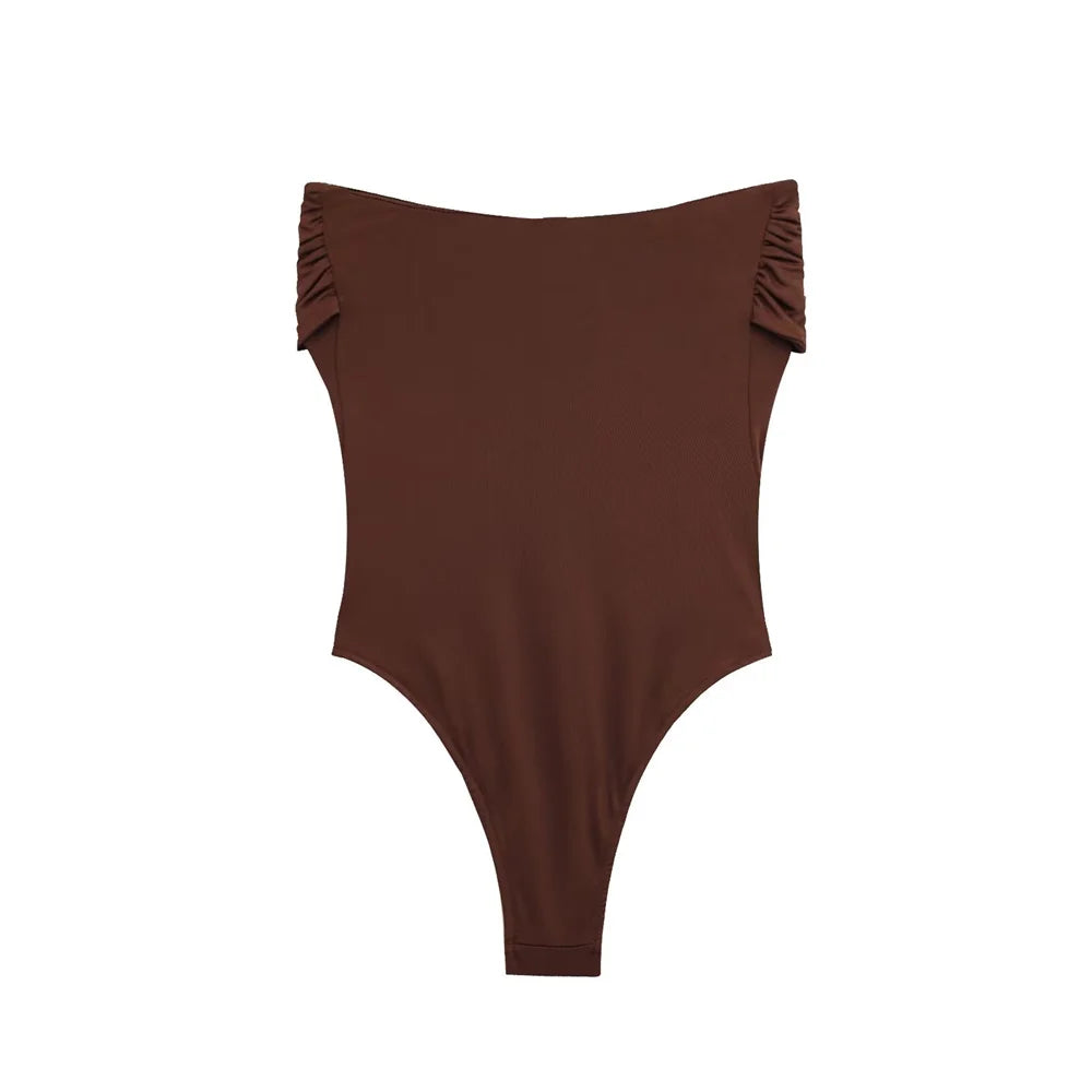 PB&ZA 2025 Women Off Shoulder One Piece Swimsuit with Decorative Buckle Stylish Black and Brown Design for Sale on AliExpress