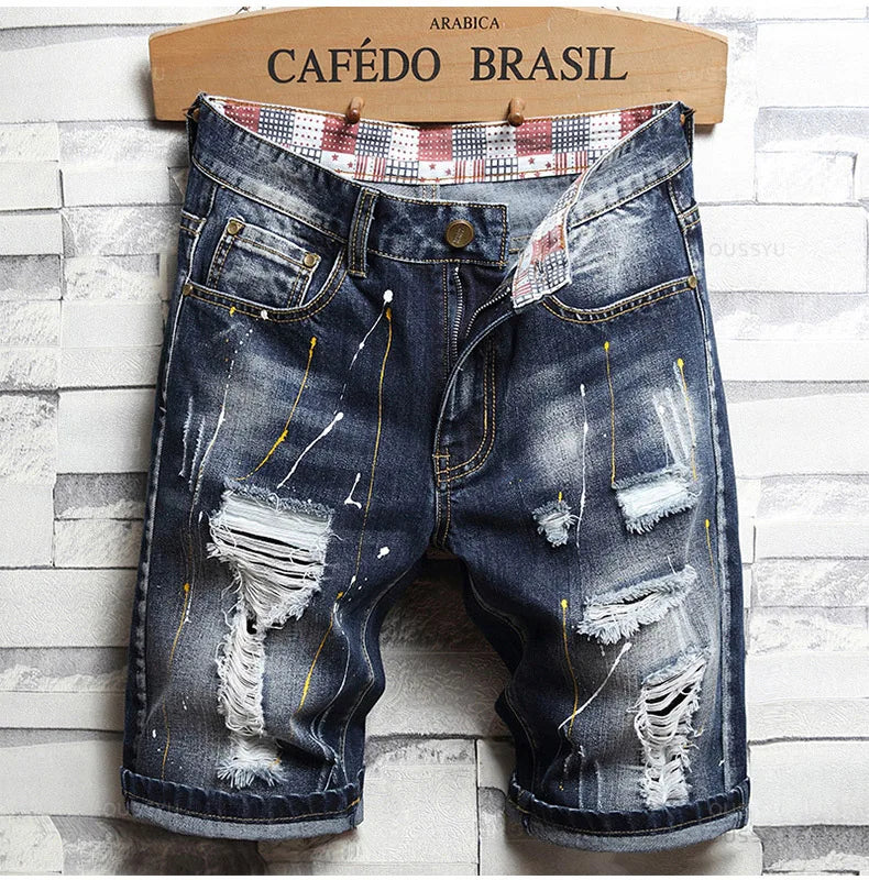 Brand Clothing New Summer Ripped Hole Denim Shorts Men Cotton Thin Straight Retro Biker Knee Length Short, Male Streetwear